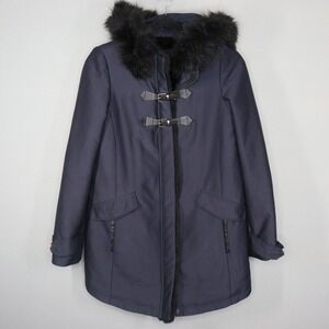 Zara Basic Parka Size XS Navy Blue Faux Fur Hood Duffle Toggle Coat Mid Length